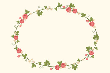 Delicate floral oval wreath with pink blossoms and green leaves — elegant botanical frame illustration for spring design and wedding decor