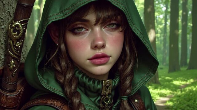 Close-up portrait of a female elf ranger in a lush forest