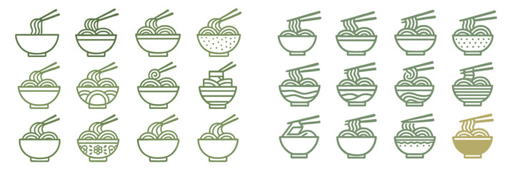 Different styles of noodle bowls arranged in a creative pattern showcasing various designs and toppings for culinary inspiration