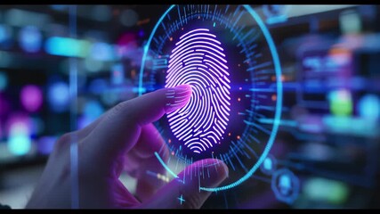 Purple biometric fingerprint authentication illuminates the screen. This digital technology offers secure identity verification for data access. A futuristic glowing hologram - Powered by Adobe