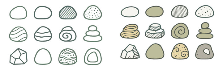 Different shapes and patterns of decorative stones arranged in a creative layout for artistic inspiration