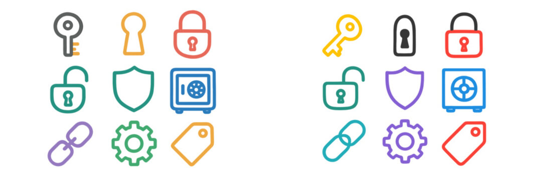 Colorful icons of security features arranged in a grid pattern suitable for digital design projects or educational materials