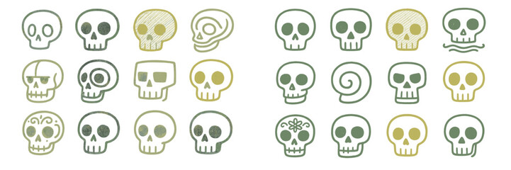 Variety of hand-drawn skulls in different styles and expressions, showcasing creativity and diversity in design