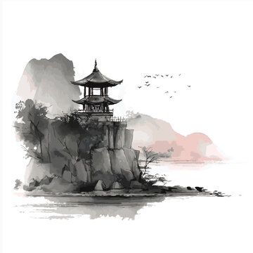 Watercolor and ink illustration of chinese landscape with pagoda and mountains. Traditional asian architecture. Oriental traditional painting.