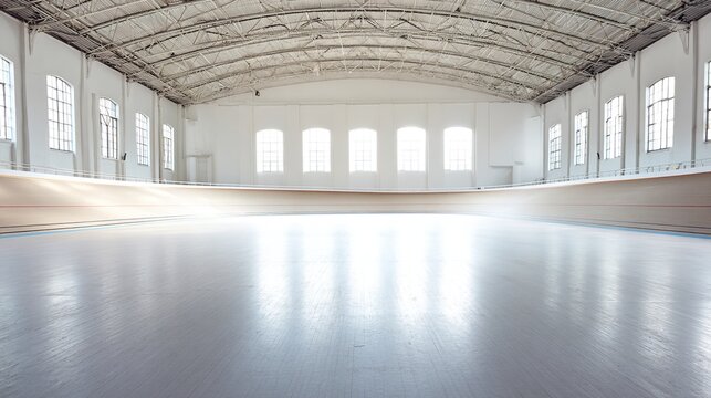 velodrome. Vast empty indoor velodrome with wooden track receding into the distance. event key visuals, club posters, designed for sports event promotions and stadium branding.