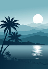 Serene Tropical Beach Landscape with Silhouetted Palm Trees and Reflecting Sun on Calm Water
