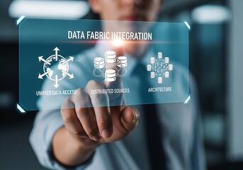 A person interacting with a data fabric integration interface, showcasing unified data access, advanced analytics, and agile infrastructure in a modern business technology context