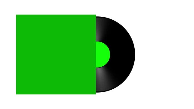 A vinyl record spinning half out of an album cover. Green screen to key out and place your own artwork. white Background