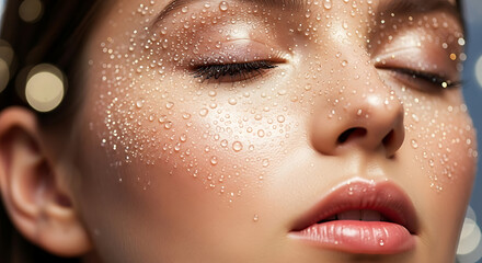 Close up of a womans face with water droplets and glitter on her skin and closed eyes