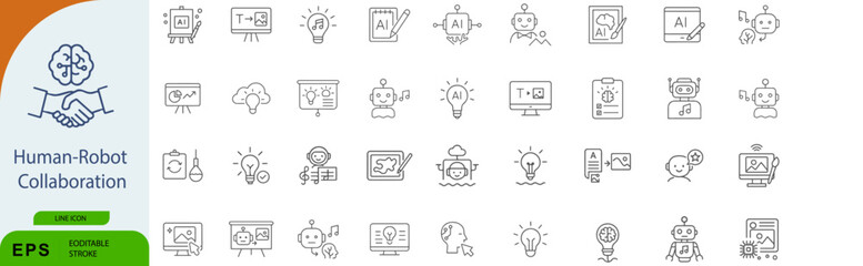 Human-Robot Collaboration Icon Set – Symbols of AI Integration, Industrial Automation, and Cooperative Robotics