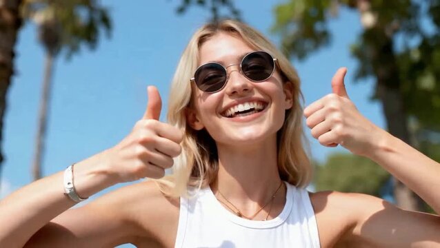 Mujer rubia y joven con gafas haciendo el signo de la paz y pulgar hacia arriba