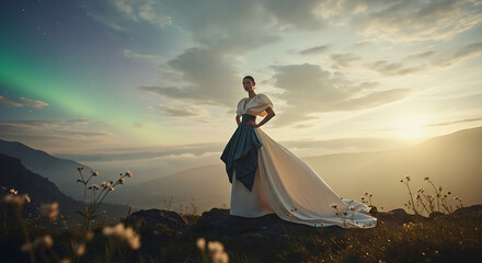 Elegant woman in a wedding dress standing on a mountain peak with aurora borealis in the background at sunset