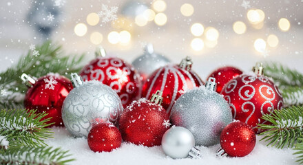 Obraz premium Festive red and silver christmas ornaments adorned with glitter and twinkling lights