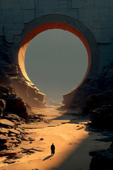 Lone Traveler Before Ancient Portal on a Shattered World – Epic Sci-Fi Fantasy Scene