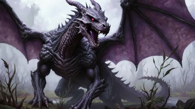 Dark fantasy oil painting of a powerful and majestic undead dragon in a dark swamp landscape