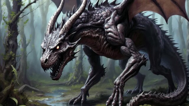 Dark fantasy oil painting of a powerful and majestic undead dragon in a dark swamp landscape