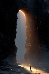 Lone Traveler Before Ancient Portal on a Shattered World – Epic Sci-Fi Fantasy Scene