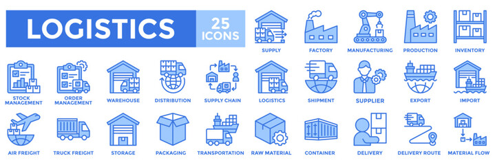 Logistics icon collection set. Containing supply, factory, manufacturing, production, inventory, stock management, order management, warehouse icon. Simple blue vector illustration.