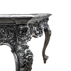 Elegant Ornate Silver Table with Carvings Isolated on White Background