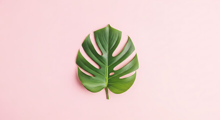 A vibrant green monstera leaf is centered on a soft pink background, creating a minimalist and tropical aesthetic