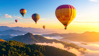 Fototapeta premium Colorful hot air balloons float above misty mountains at sunrise, warm golden light illuminates landscape, creating peaceful and dreamy atmosphere