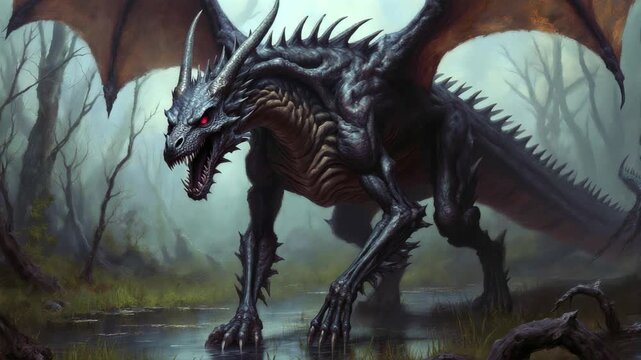 Dark fantasy oil painting of a powerful and majestic undead dragon in a dark swamp landscape