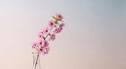 Closeup of a delicate pink cherry blossom branch in a glass vase against a soft, gradient background