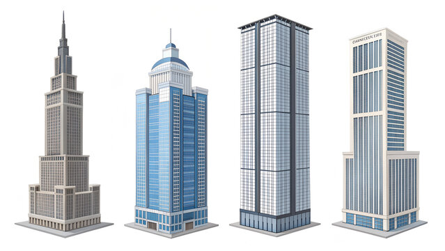 Skyscrapers, business towers, office, residential, commercial tall buildings set. Modern eco cityscape 3D render design element. Smart city megapolis town skyscraper icons isolated, transparent PNG	
