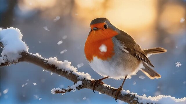 Pájaro con pecho y cabeza rojo-anaranjado posado en una rama nevada con  una atmósfera de nevada invernal
