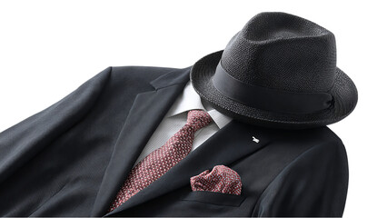 Stylish mens ensemble featuring black fedora suit jacket and patterned tie isolated on transparent background
