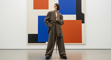 Stylish woman in oversized suit posing in front of abstract painting in art gallery, fashion shot