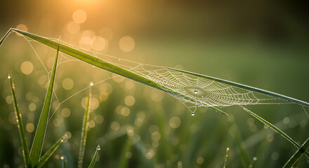 Closeup of a spiderweb covered in dew drops on a blade of grass in the morning light