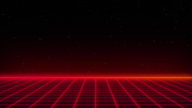 4K futuristic seamless 3D animation looping animation retro single neon grid synthwave style neon hot pink color single mesh atmosphere on a dark background with stars 80s style