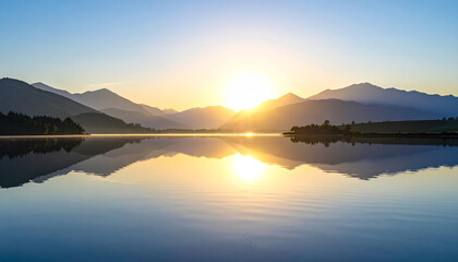 Sunrise tranquil water surface reflecting distant mountains, soft haze and gentle sunlight create peaceful, serene landscape with clear sky and calm atmosphere
