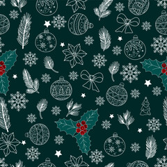 Christmas pattern with pine branches, pine cones and holly, snowflakes, and Christmas balls. Flat vector illustration. Festive design for wrapping paper, fabric, textiles, and greeting cards.