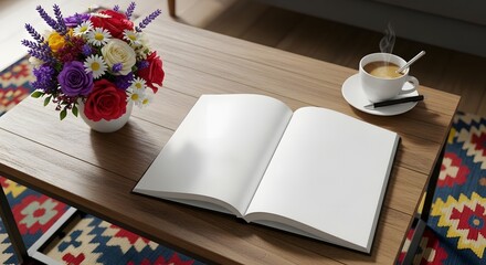 A blank book mockup placed on a coffee table decorated with flowers and a colorful rug, creating a warm and stylish scene ideal for interior, branding, or creative presentation visuals
