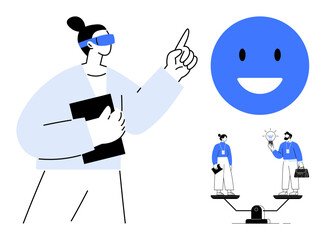 Professional pointing upward, happy face icon, two individuals balanced on scales sharing ideas. Ideal for teamwork, leadership, innovation, equality, workplace dynamics, creativity simple flat