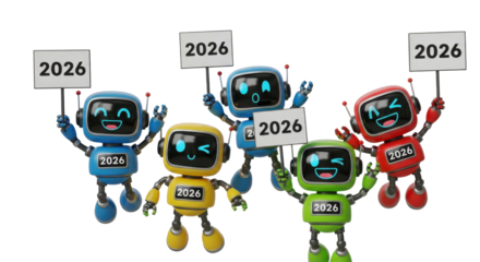 Group of cheerful robots holding 2026 signs celebrating the new year.