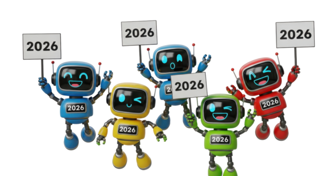 Group of cheerful robots holding 2026 signs celebrating the new year.