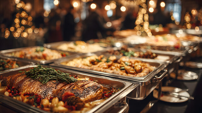Business people are lining up to take food from a buffet table full of delicious dishes during a corporate christmas party. The banquet hall is full of people. Merry Christmas Happy New Year event