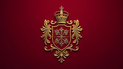 Naklejka premium privilege. An intricate gold-embossed heraldic crest on a deep crimson background. event programs, museum guides, designed for cultural heritage projects and event programs.