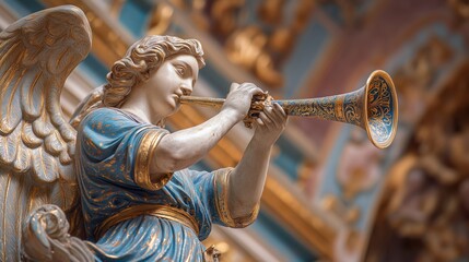 Baroque Angel Blowing Ornate Trumpet Sculpture