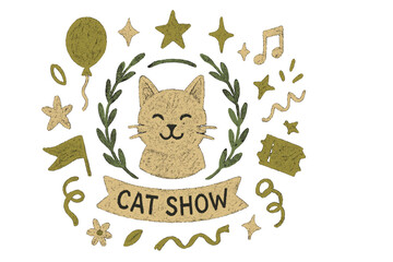 Fun cat show logo featuring a cheerful cat surrounded by stars and balloons in a playful design
