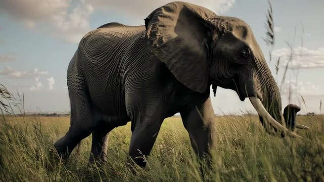 An elephant walking gracefully through a tall grass field under a bright sky