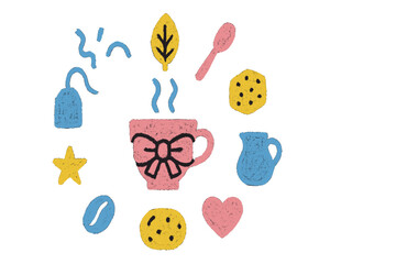 Colorful doodles of a cup, cookies, and leaves create a fun cafe atmosphere with playful shapes and vibrant colors