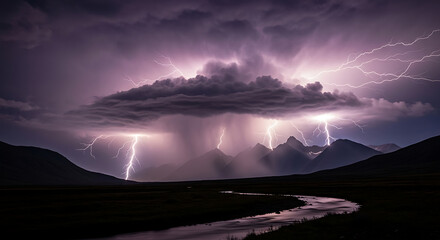 Dramatic lightning strikes illuminate a mountain range during a powerful thunderstorm at night
