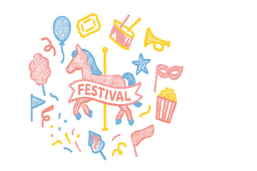Colorful festival illustration featuring a carousel horse surrounded by fun elements and decorations