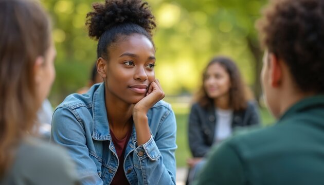 Young african girl listens to her support group in park. She wears casual clothes. Group support helps teens improve mental health. Therapy helps teenagers build confidence and trust.
