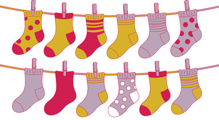 Whimsical Laundry Line Colorful Socks Hanging with Clothespins, Illustration of Cute, Mismatched Designs