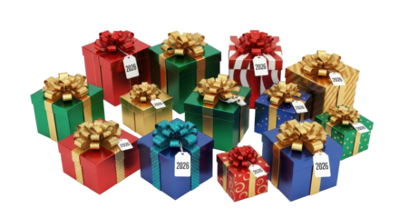 Colorful gift boxes with ribbons and tags for celebrations and surprises.